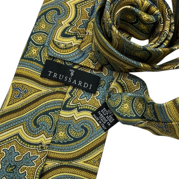 TRUSSARDI Blue/Yellow/Beige Paisley Silk LUXURY Tie ITALY - Picture 3 of 4
